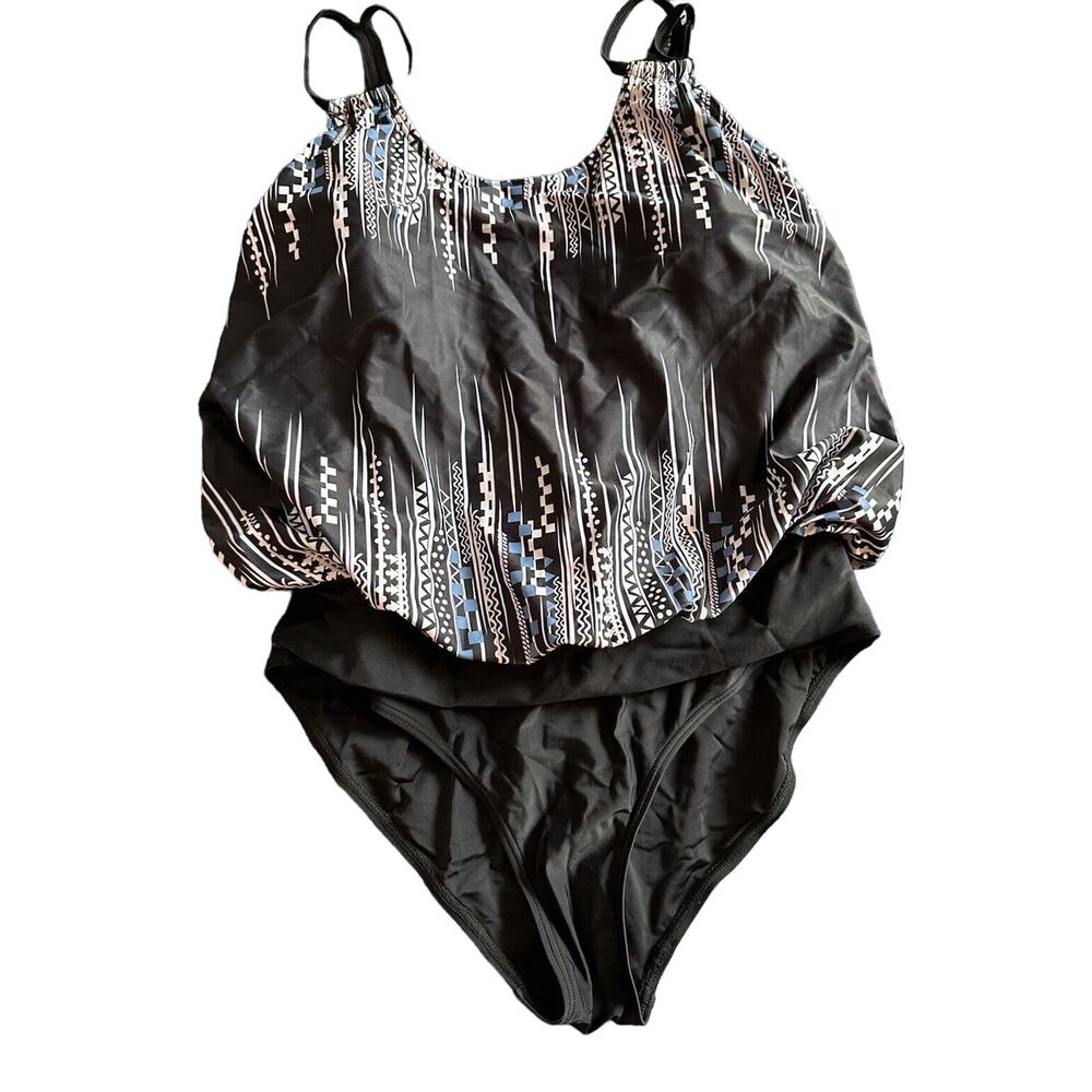 One Piece Swimsuit Womens Blouson Black Padded Bra Size Large (fits 8-10) NEW